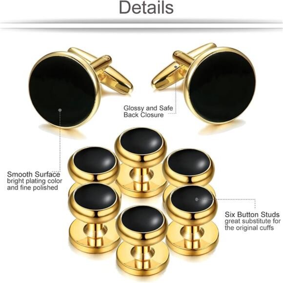 Cuff Links Mens Stainless Steel Cuff Links&Studs Set GoldBlack Cufflinks for Men - Picture 2 of 8